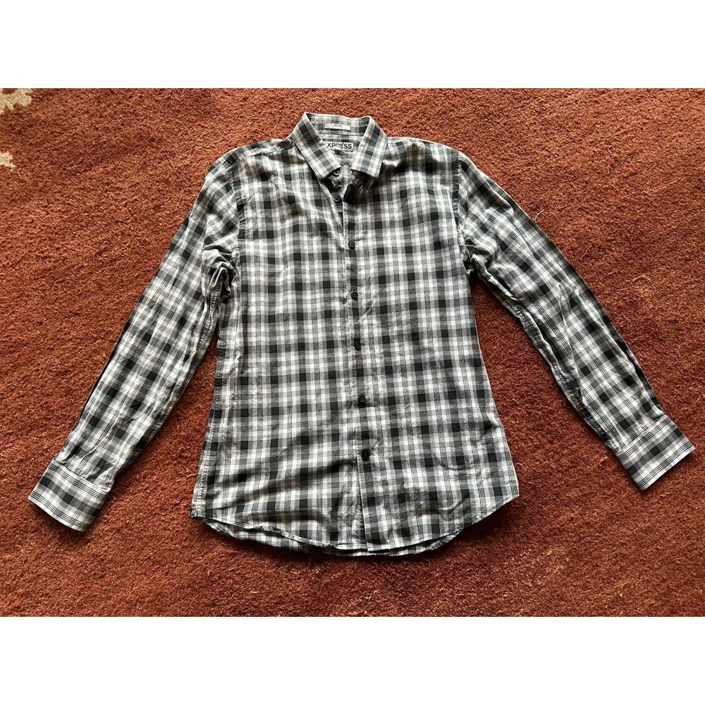 Express Black White Grey Plaid Fitted Button Up Long Sleeve M Medium 15-15 1/2